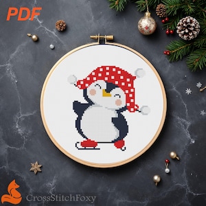 Christmas Ice Skates Penguin Cross Stitch Pattern PDF, easy Christmas ornament DIY counted cross stitch pattern, small penguin home decor