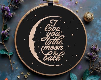 Patrón de punto de cruz "Te amo hasta la luna y más allá" (Descarga PDF)