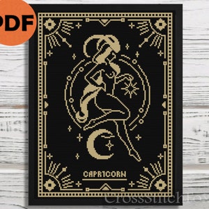 Vrouwelijke Steenbok sterrenbeeld kruissteekpatroon pdf, kruissteek horoscoop sterrenbeeld Steenbok, astrologiepatroon heksenkruissteekpatroon