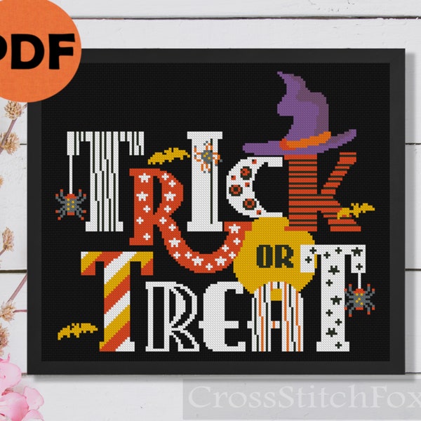 Vintage Happy Halloween Lettering Witch Hat Cross Stitch Pattern PDF