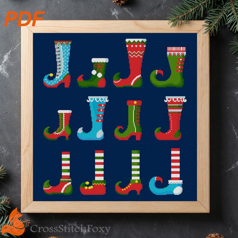 Patrón de punto de cruz para adornos navideños de zapatos de duende (Descargar PDF) imagen 1