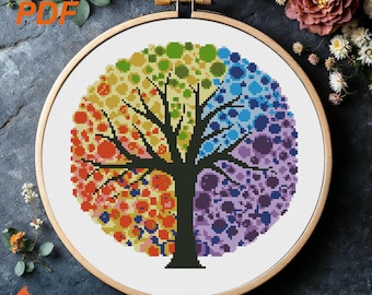 Patrón de punto de cruz del árbol de las cuatro estaciones: Decoración floral (patrón PDF)