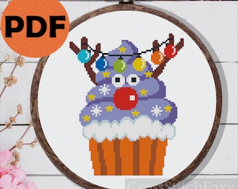 Christmas Deer Cupcake Cross Stitch Pattern PDF, Christmas ornaments cross stitch, Christmas reindeer, kitchen cross stitch schema