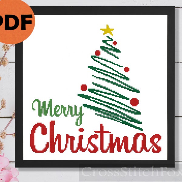 Merry Christmas Tree Lettering cross stitch pattern PDF, easy cross stitch pattern, Christmas cross stitch, Christmas ornaments