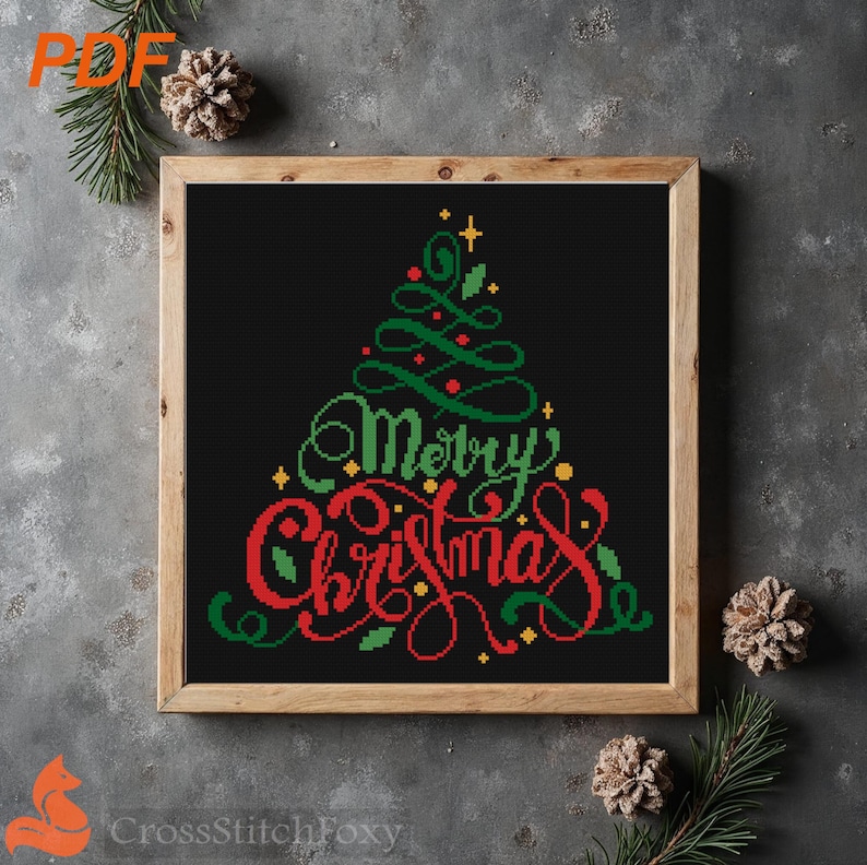 Merry Christmas Lettering Cross Stitch Pattern: Easy Holiday Ornament (PDF Download) image 2