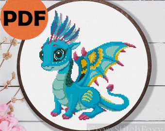 Baby dragon cross stitch pattern PDF, baby dinosaur cross stitch pattern instant download, nursery cross stitch, cross stitch DIY wall decor