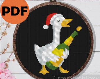 Christmas Goose With Wine Cross Stitch Pattern PDF, easy Christmas ornament Santa cross stitch pattern, farm bird home decor