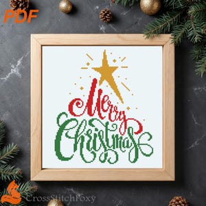 Merry Christmas Tree Lettering Cross Stitch Pattern: Easy Holiday Ornament (PDF Pattern)