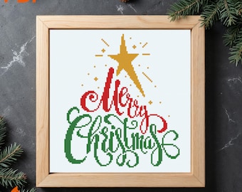 Merry Christmas Tree Lettering Cross Stitch Pattern: Easy Holiday Ornament (PDF Pattern)