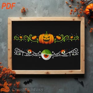 Halloween Cross Stitch Patterns: Spooky Pumpkin & Evil Eye Borders (PDF Download)