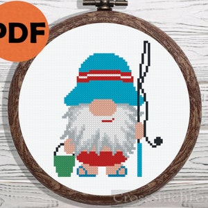Summer gnome fisherman cross stitch pattern PDF, summer gnome, cross stitch pattern small gnome