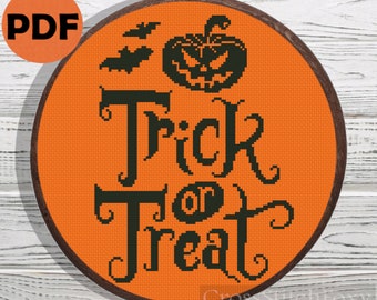 Trick or Treat pumpkin cross stitch pattern PDF, Halloween cross stitch, horror cross stitch pattern