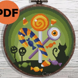 Halloween candy cross stitch pattern PDF, Halloween candies, Halloween cat, Halloween cross stitch, horror cross stitch pattern