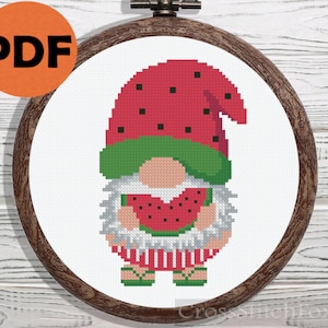 Watermelon gnome cross stitch pattern PDF, summer gnome, cross stitch pattern gnome