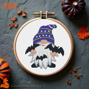 Halloween Gnome with Bat Cross Stitch Pattern (PDF Download)