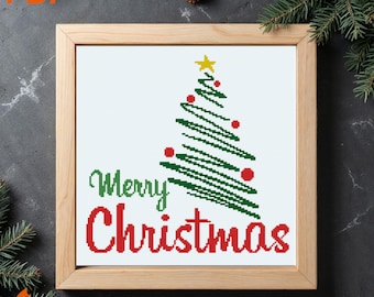 Merry Christmas Tree Lettering Cross Stitch Pattern  (PDF Download
