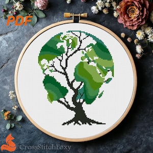World Map Tree Cross Stitch Pattern (PDF Download)