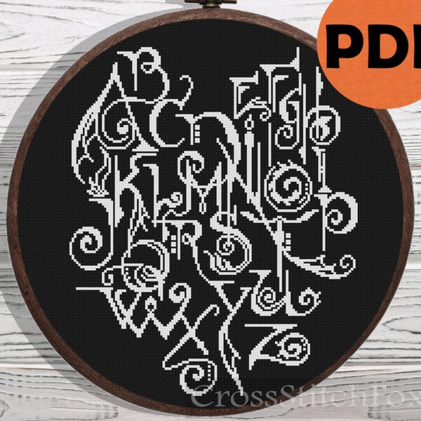 Halloween lettering cross stitch pattern PDF, spooky alphabet cross stitch, horror letters cross stitch sampler