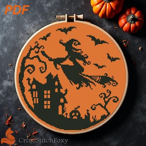 Witch on Broom Cross Stitch Pattern: Halloween Haunted House (PDF Digital Download