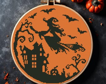 Witch on Broom Cross Stitch Pattern: Halloween Haunted House (PDF Digital Download