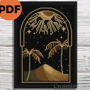 Sun and Moon Landscape Cross Stitch Pattern: Mystical Dune Scene (PDF Pattern)