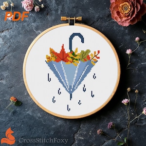 Fall Leaves Umbrella Rain Cross Stitch Pattern PDF Digital Download