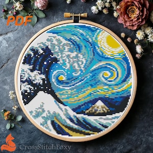 Starry Wave Cross Stitch Pattern: Japanese Art (PDF Pattern)