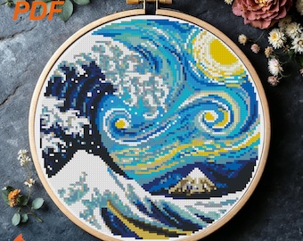 Starry Wave Cross Stitch Pattern: Japanese Art (PDF Pattern)