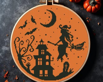 Witch on Broom Cross Stitch Pattern: Halloween Haunted House (PDF Pattern)