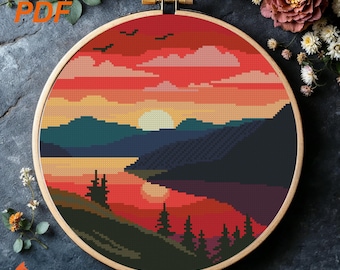 River Sunset Landscape Cross Stitch Pattern (PDF Download)