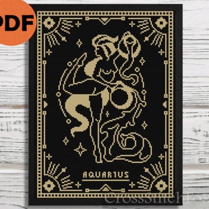 Modèle PDF de point de croix zodiaque Verseau féminin, schéma de point de croix signe astrologique Verseau, astrologie modèle sorcellerie au point de croix