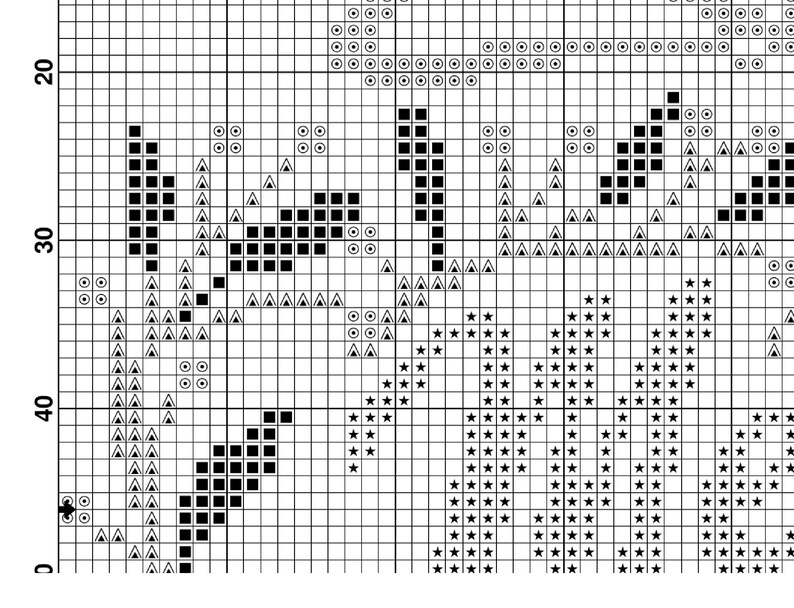 May include: Black and white cross stitch pattern with a variety of symbols including stars, circles, and triangles.