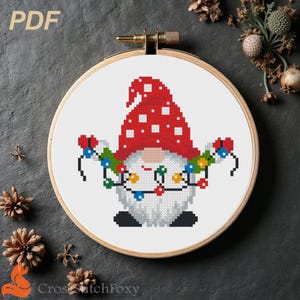 Christmas gnome cross stitch pattern PDF, Christmas lights easy Christmas gnome cross stitch pattern, small Scandinavian gnome