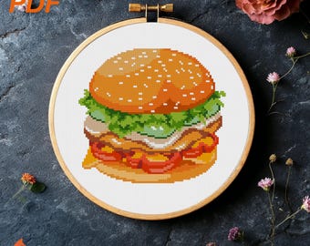ハンバーガーのクロスステッチパターン：ファーストフードのキッチン