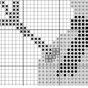 May include: Black and white cross stitch pattern with a black and white design of circles and squares.