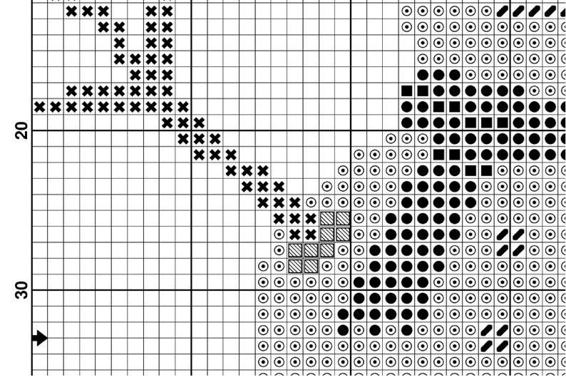 May include: Black and white cross stitch pattern with a black and white design of circles and squares.