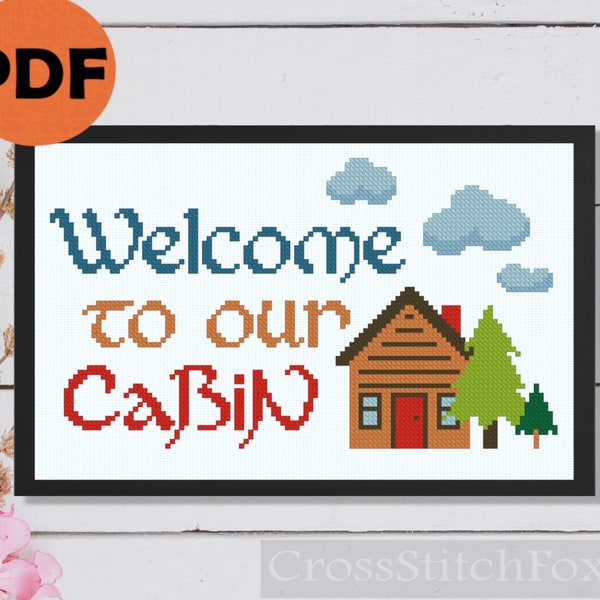 Camping cross stitch pattern PDF, cabin cross stitch pattern, travel cross stitch,  welcome sign cross stitch schema