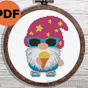 Summer gnome with ice cream and sunglasses cross stitch pattern PDF, summer gnome, cross stitch pattern small gnome