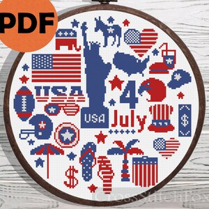 4 July cross stitch pattern PDF, patriotic star cross stitch pattern, Independent's Day sampler cross stitch, USA patriotic cross stitch