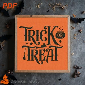 Halloween Cat Witch Cross Stitch Pattern: Trick or Treat (PDF Download)
