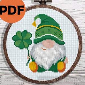 St. Patrick irish gnome with shamrock cross stitch pattern PDF, st Patricks Day cross stitch pattern gnome, funny gnome counted cross stitch