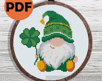 St. Patrick irish gnome with shamrock cross stitch pattern PDF, st Patricks Day cross stitch pattern gnome, funny gnome counted cross stitch
