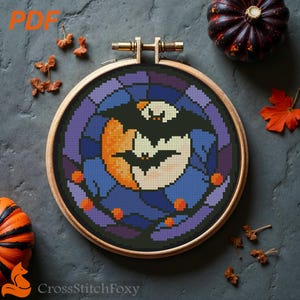 Stained Glass Halloween Bat Cross Stitch Pattern PDF: Spooky Wall Decor