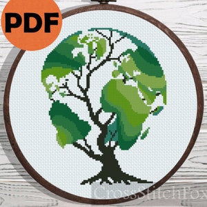 Weltkarte Baum Kreuzstich Stickmuster PDF für Anfänger, natur kleine Kreuzstich Stickmuster Stickmuster DIY Geschenk