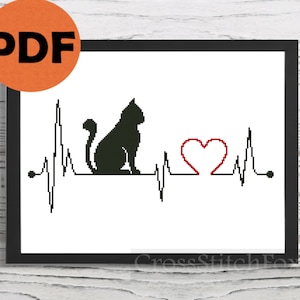 Cat love cross stitch pattern, cat cross stitch PDF, heart cross stitch, cat lover wall decor