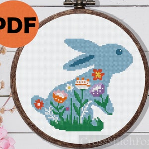 Floral Easter rabbit cross stitch pattern PDF, easy small Easter bunny counted cross stitch pattern for beginners