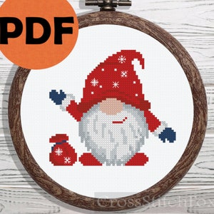 Christmas Gnome Cross Stitch Pattern PDF, easy Christmas ornament DIY counted cross stitch pattern, small gnome home decor pattern