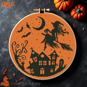 Witch on Broom Cross Stitch Pattern (PDF Download)