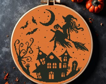 Witch on Broom Cross Stitch Pattern (PDF Download)