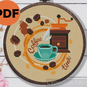 Coffee Time Cup Kitchen Wall Decor Cross Stitch Pattern PDF